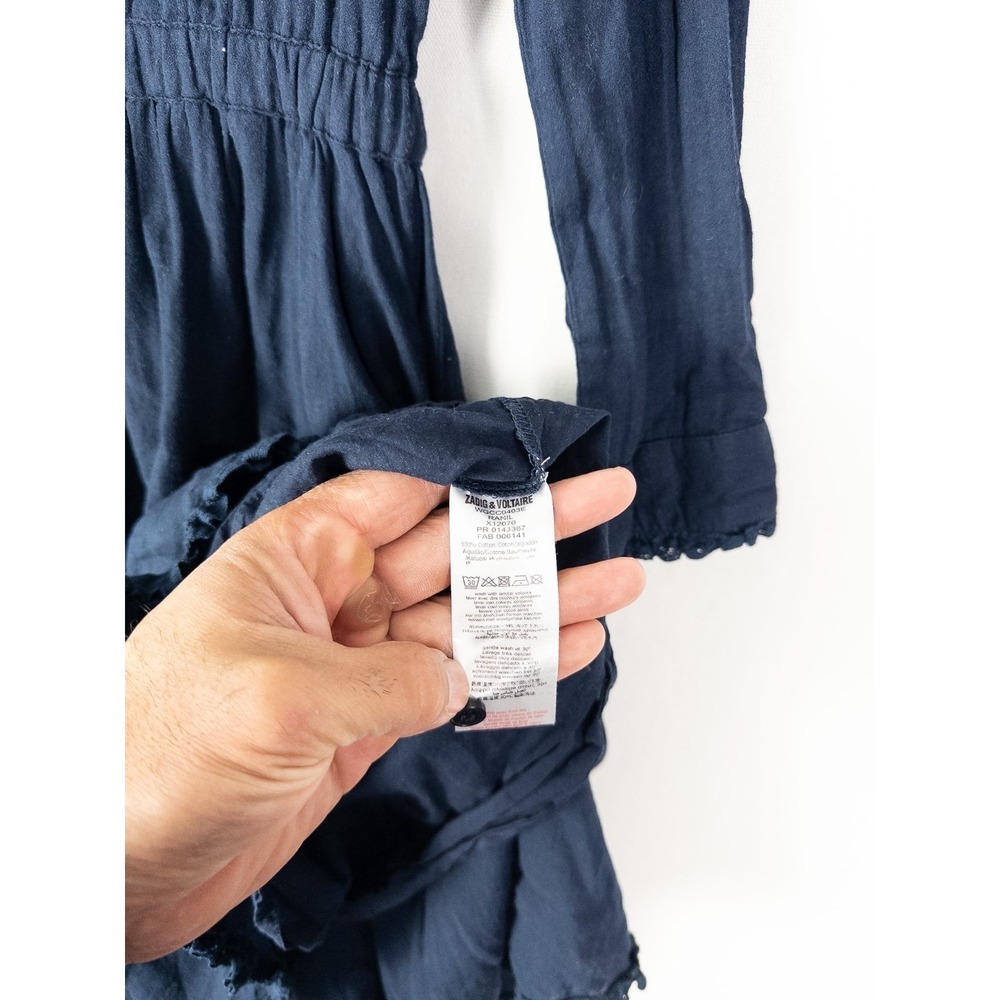 Zadig & Voltaire Dress Womens 14 S Navy Fit and Flare Ruffle Pom Pom Cotton - Picture 3 of 7